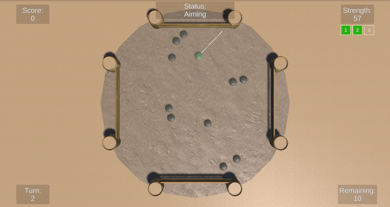 Stone arena while aiming a shot, with targets arranged across the play area.